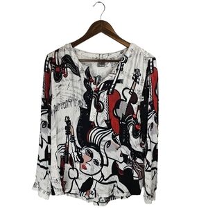 Simply Art by Dolcezza White Black Red Abstract Face Long Sleeve Sz S